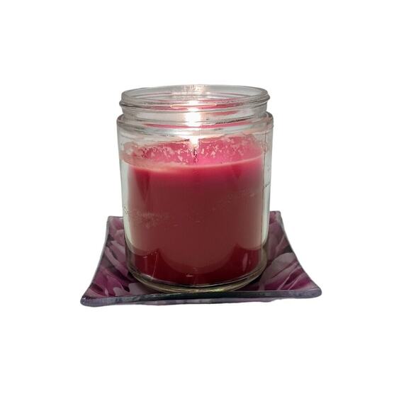 Glass Candle Drip Dish Plate 4" ROSE PETALS Violet Pink Square Romantic Vintage - Picture 8 of 16